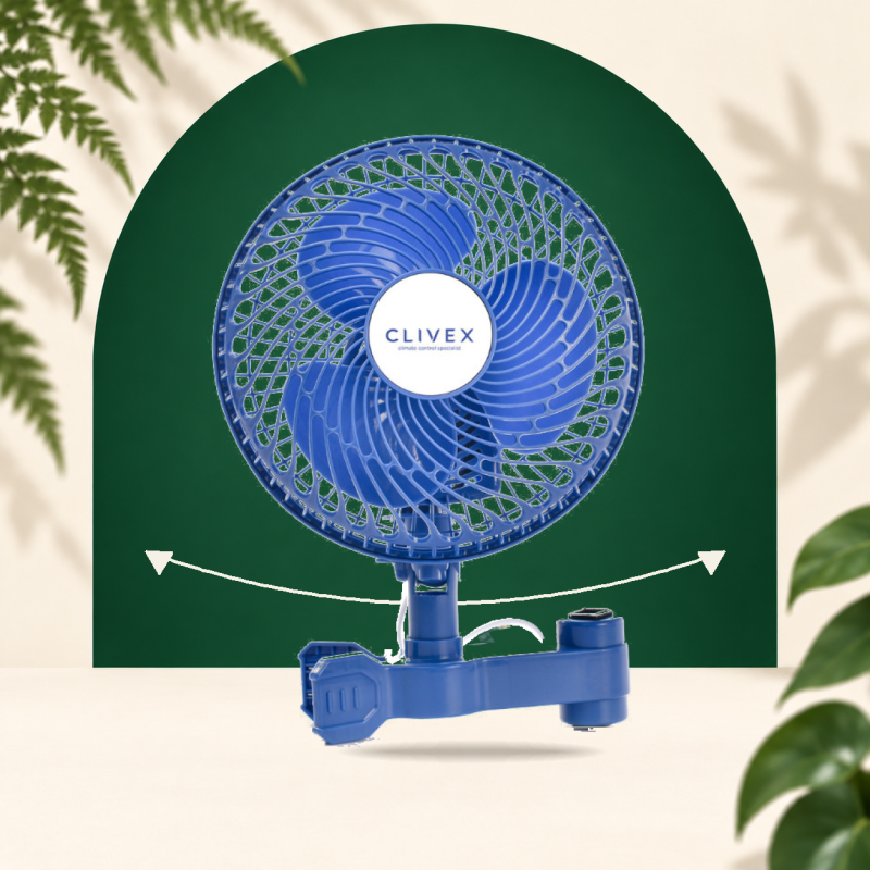 Clivex 23 cm clip fan with oscillating head and 20 W rated power; arrows illustrating lateral movement