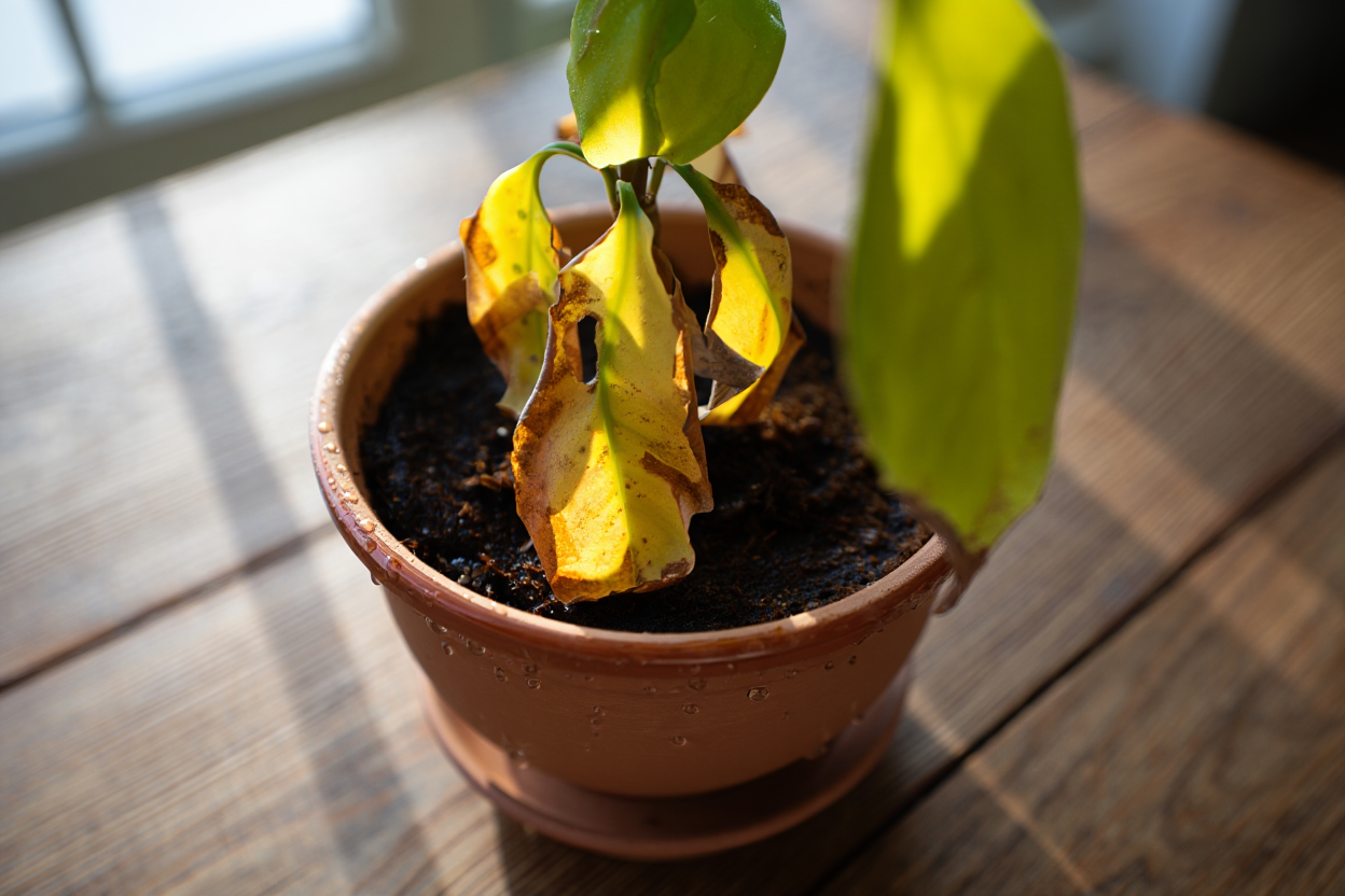 Plante d'intérieur sur-arrosée avec feuilles jaunes
