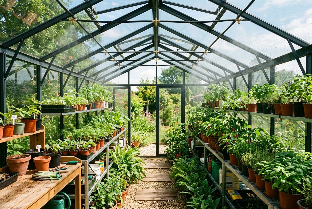 Serre tropicale maison en serre vitrée remplie de plantes en pots sur des étagères, chemin central et lumière naturelle.